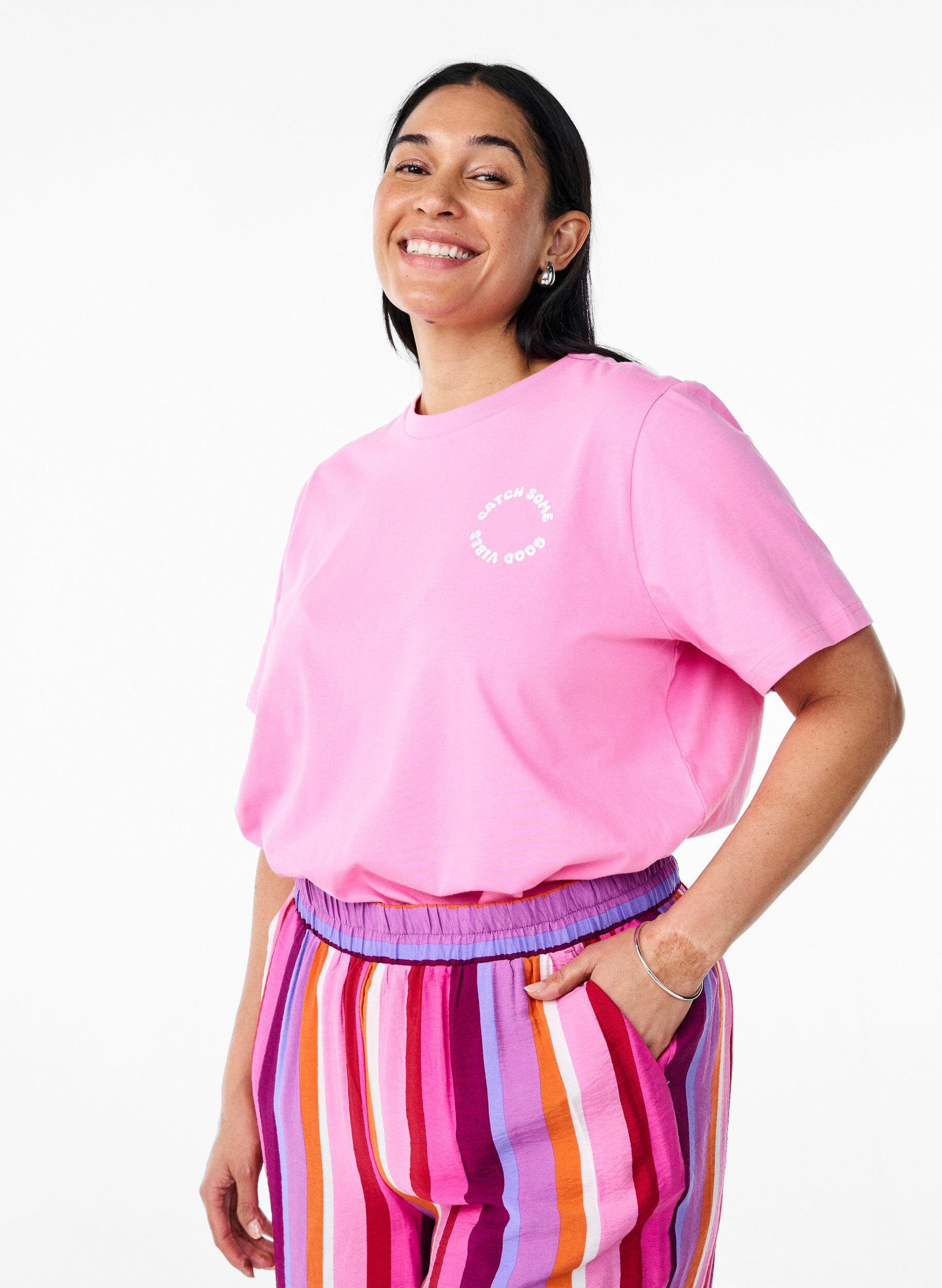 ZizzifashionOrganic cotton T-shirt with text motif, Pink, Model image number 2