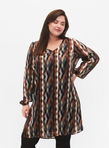 Long-sleeved dress with V-neck and print, Earthy Zig Zag, Model image number 0