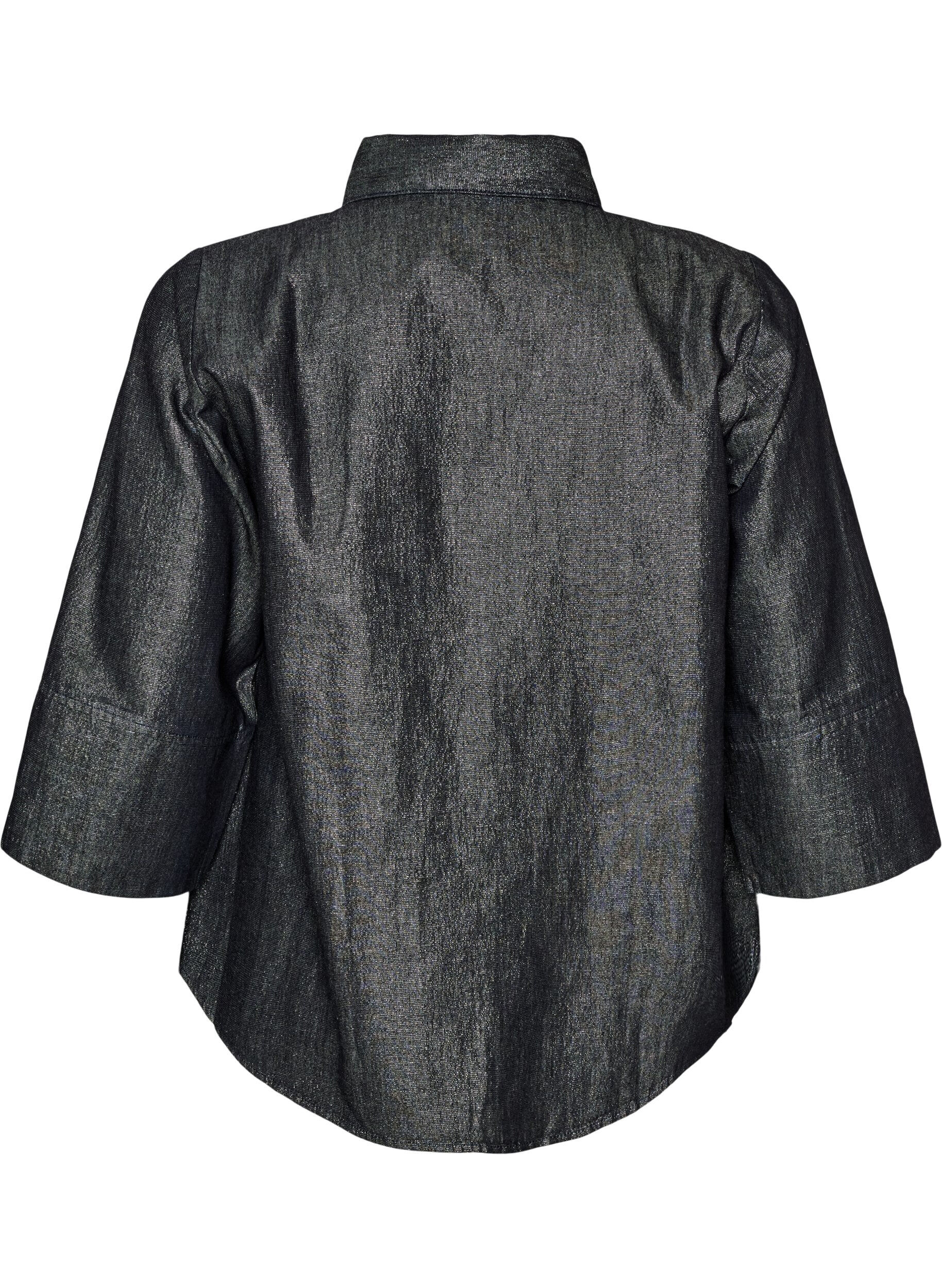 ZizzifashionDenim shirt with glitter thread and 3/4 sleeves, Dark Grey, Packshot image number 1