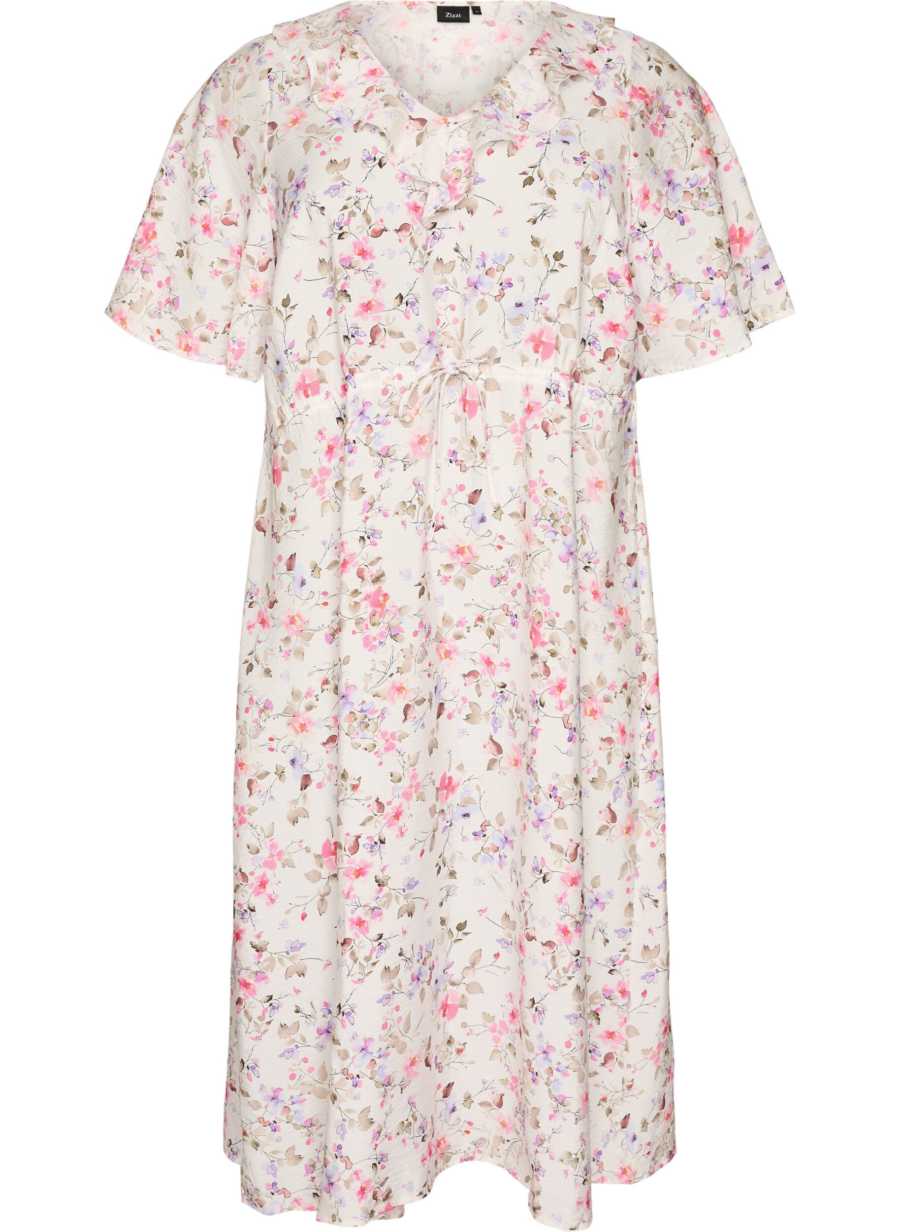 ZizzifashionViscose midi dress with a floral print and ruffle collar, Vanilla, Packshot image number 0