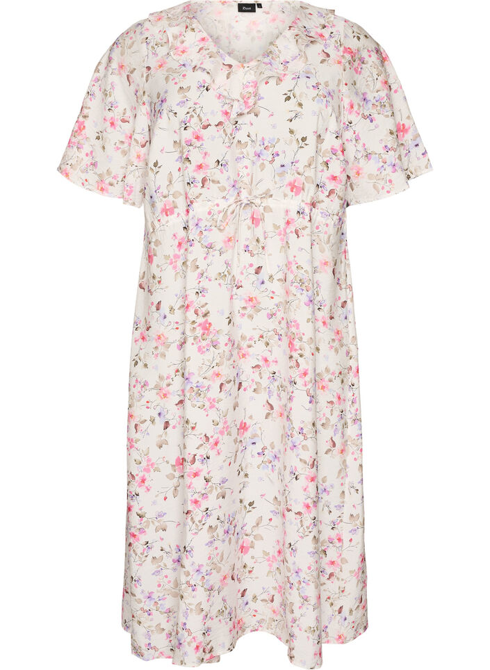 Viscose midi dress with a floral print and ruffle collar, Vanilla, Packshot image number 0