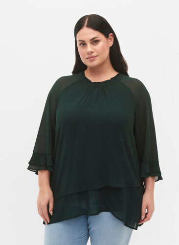 Blouse with asymmetric hem and 3/4 sleeves, Scarab, Model image number 0