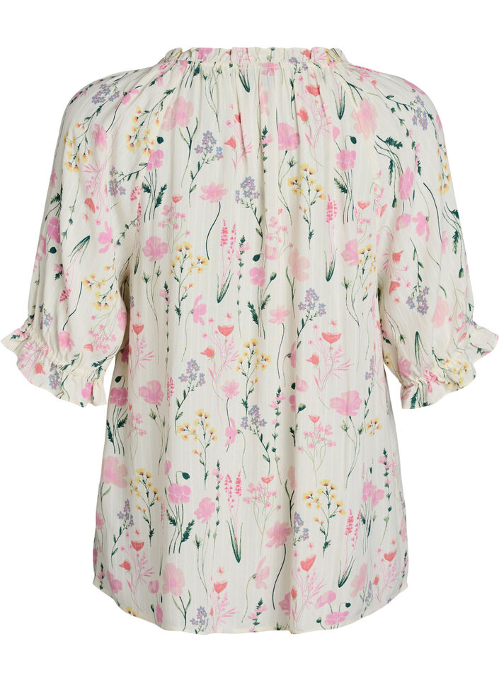 Floral viscose blouse with half-length sleeves, Vanilla, Packshot image number 1