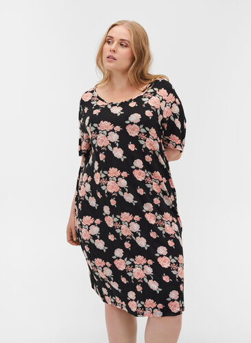 Floral viscose nightgown, Black Flower AOP, Model image number 0