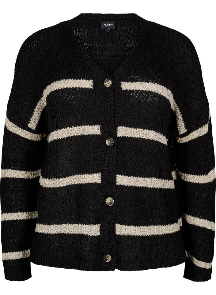 FLASH - Knitted cardigan with stripes and buttons, Black, Packshot image number 0
