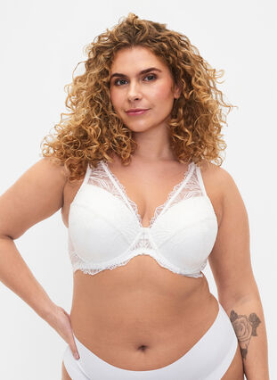 Padded lace bra with underwire, Bright White, Model image number 0