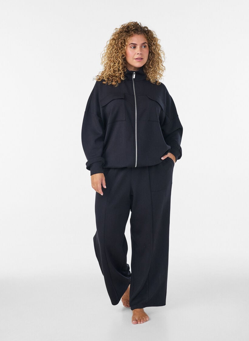 Jersey cardigan with zipper and high collar, Black, Model image number 1