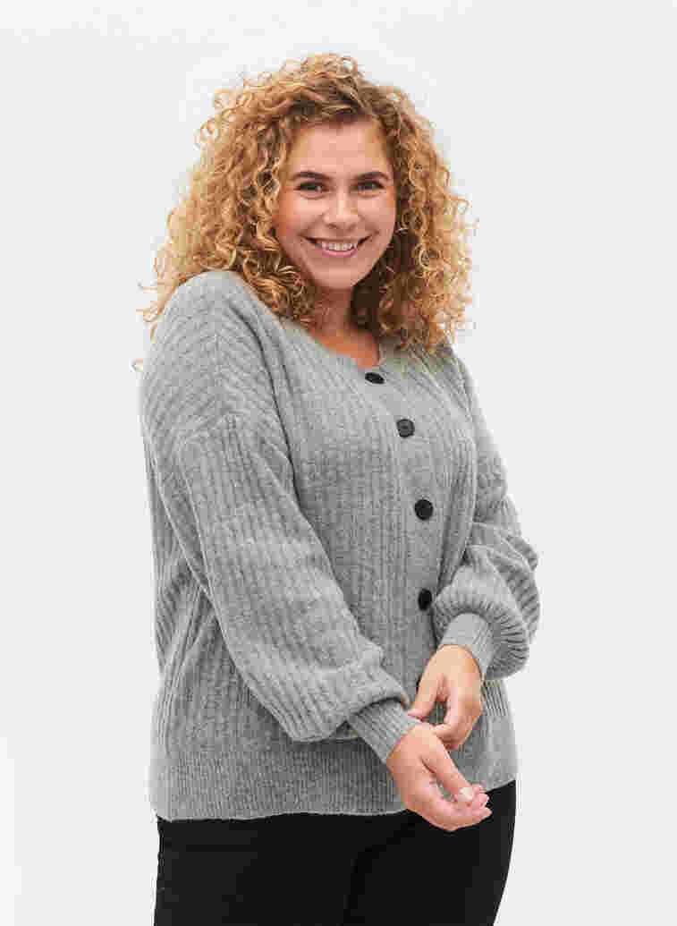 Rib knitted cardigan with buttons, Medium Grey Melange, Model