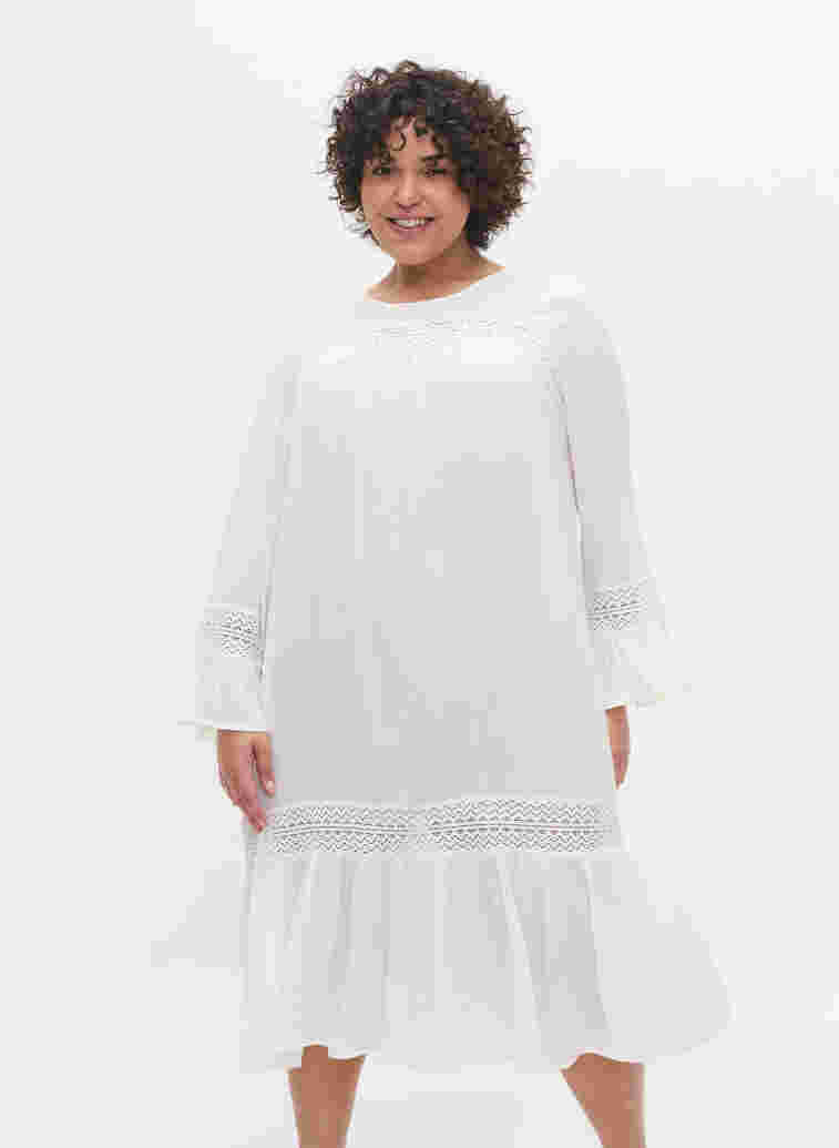 viscose dress with lace detail, Off White, Model image number 0