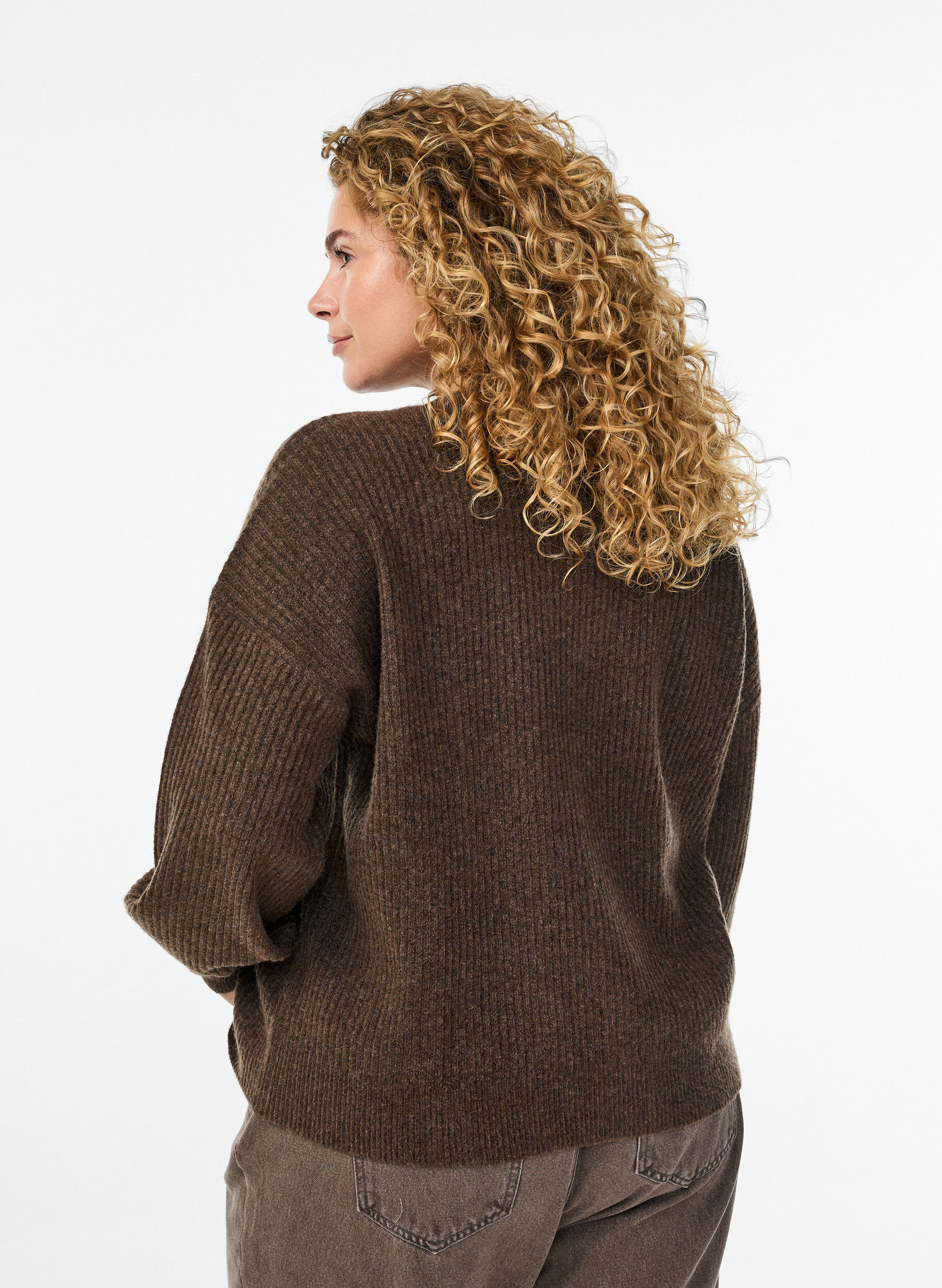 ZizzifashionRib knit cardigan with buttons, Brown, Model image number 2
