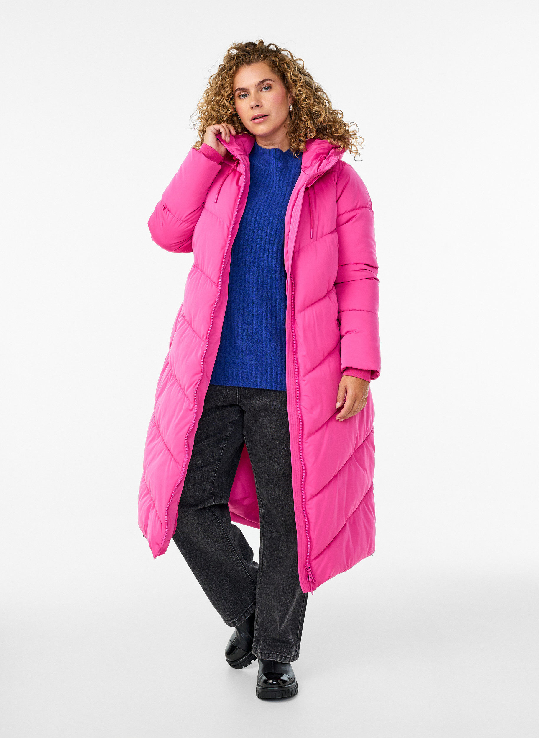 ZizzifashionLong puffer coat with hood and pockets, Rose, Model image number 0