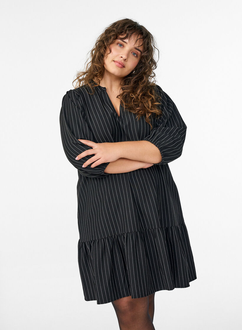 Short A-line dress with pinstripes and a ruffle hem, Black, Model image number 1