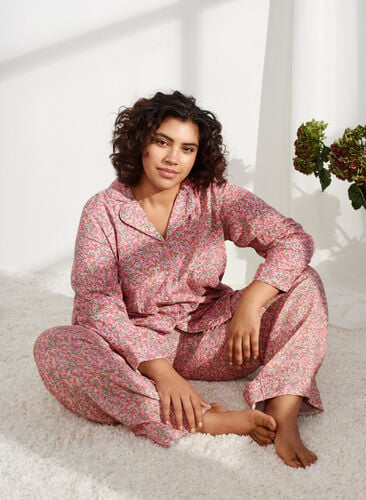 Cotton pyjama top with floral print, Powder Pink, Image image number 0