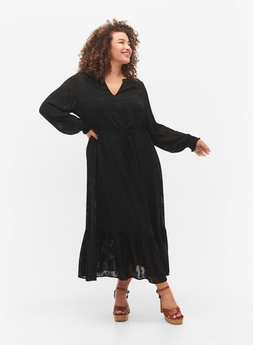 Long-sleeved midi dress in jacquard look, Black, Model image number 0