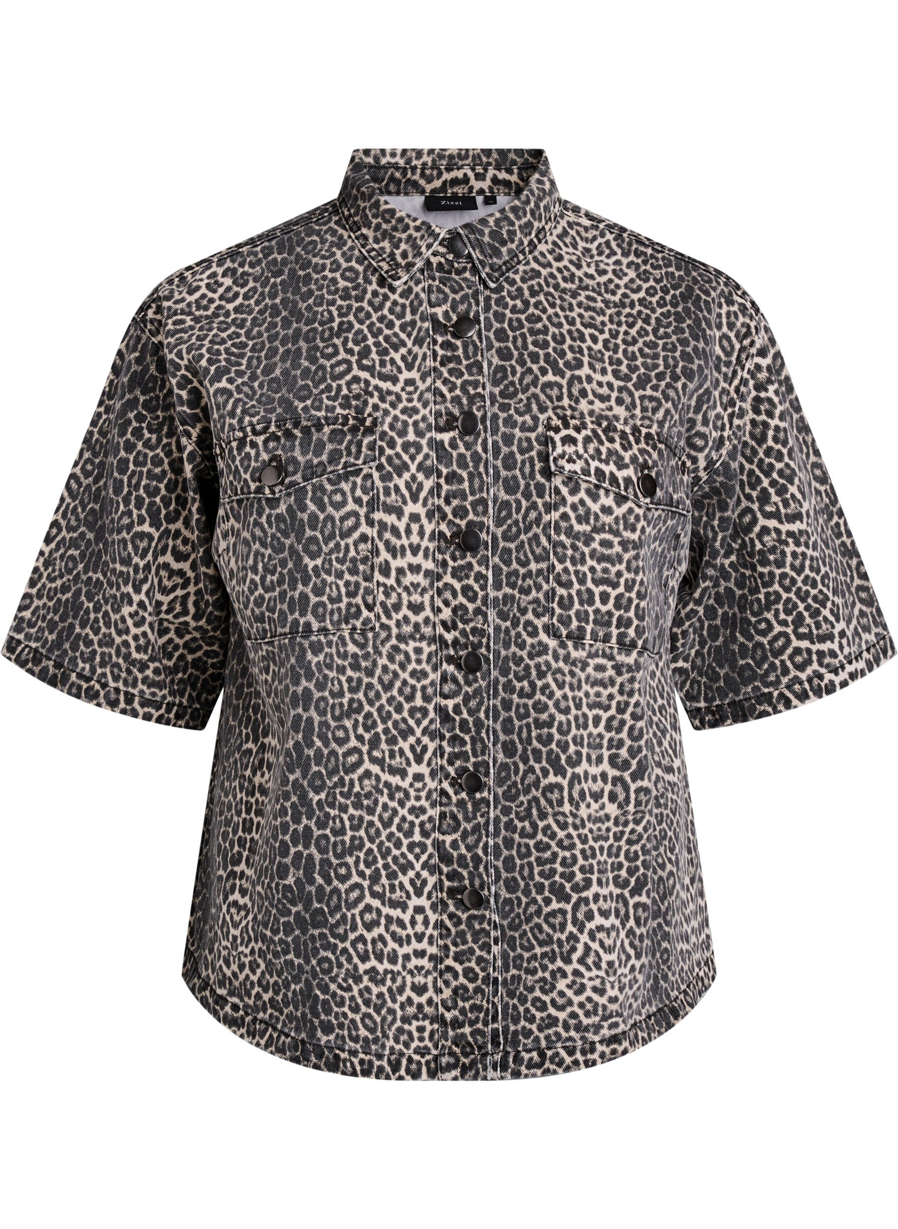 ZizzifashionDenim shirt with leopard print and short sleeves, Brown, Packshot image number 0