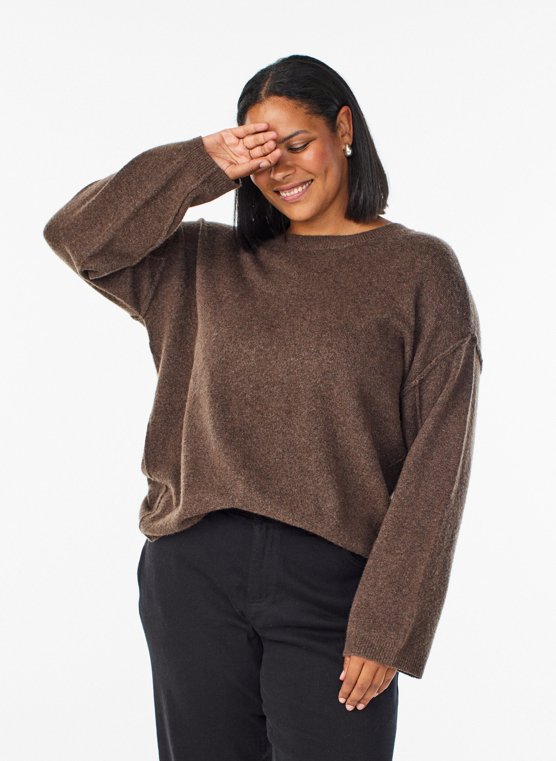 ZizzifashionLoose knit sweater with prominent seams, Brown, Model image number 0