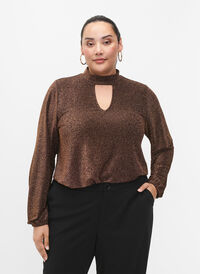 Long-sleeved glitter blouse with round neck and V-detail, Black Copper, Model