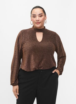 Long-sleeved glitter blouse with round neck and V-detail, Black Copper, Model image number 0
