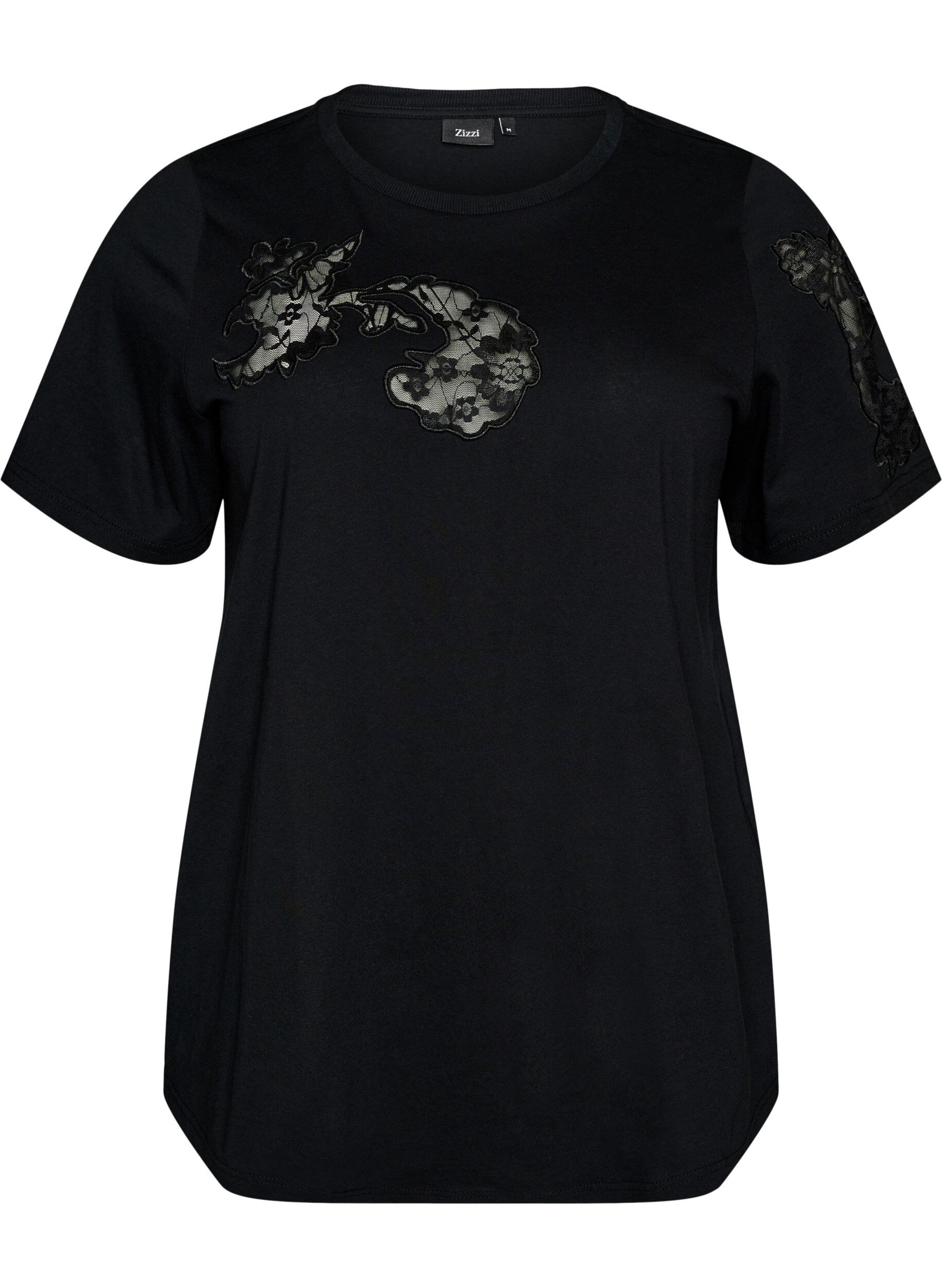 ZizzifashionCotton T-shirt with lace appliqu&eacute;s, Black, Packshot image number 0