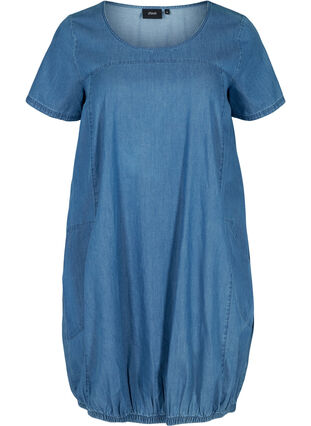 Short-sleeved denim dress with pockets, Blue denim, Packshot image number 0
