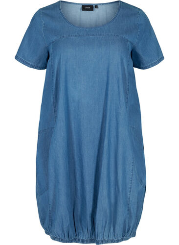 Short-sleeved denim dress with pockets, Blue denim, Packshot image number 0