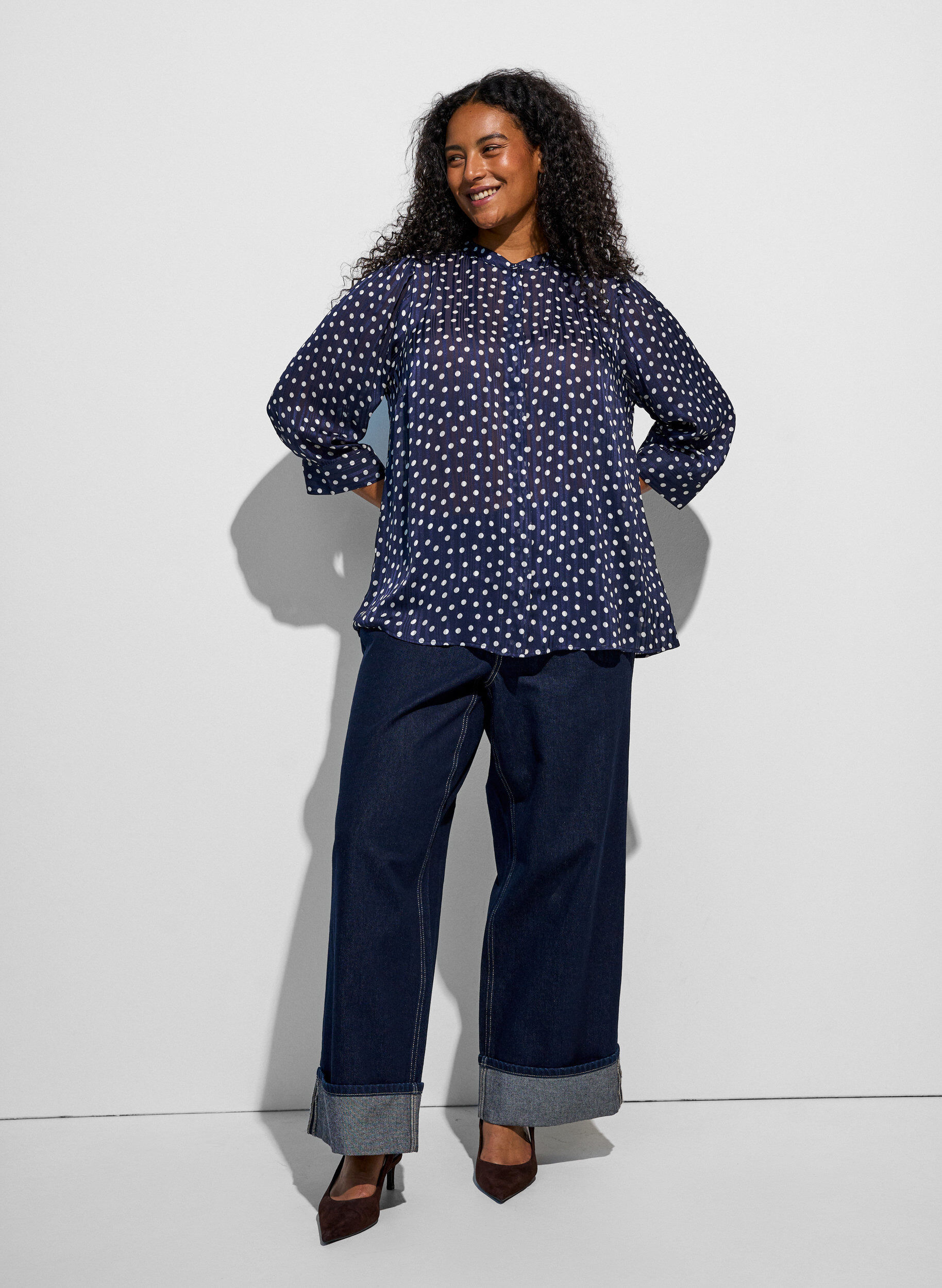 ZizzifashionPatterned shirt with a stand-up collar and 3/4-sleeves, Blue, Model image number 1