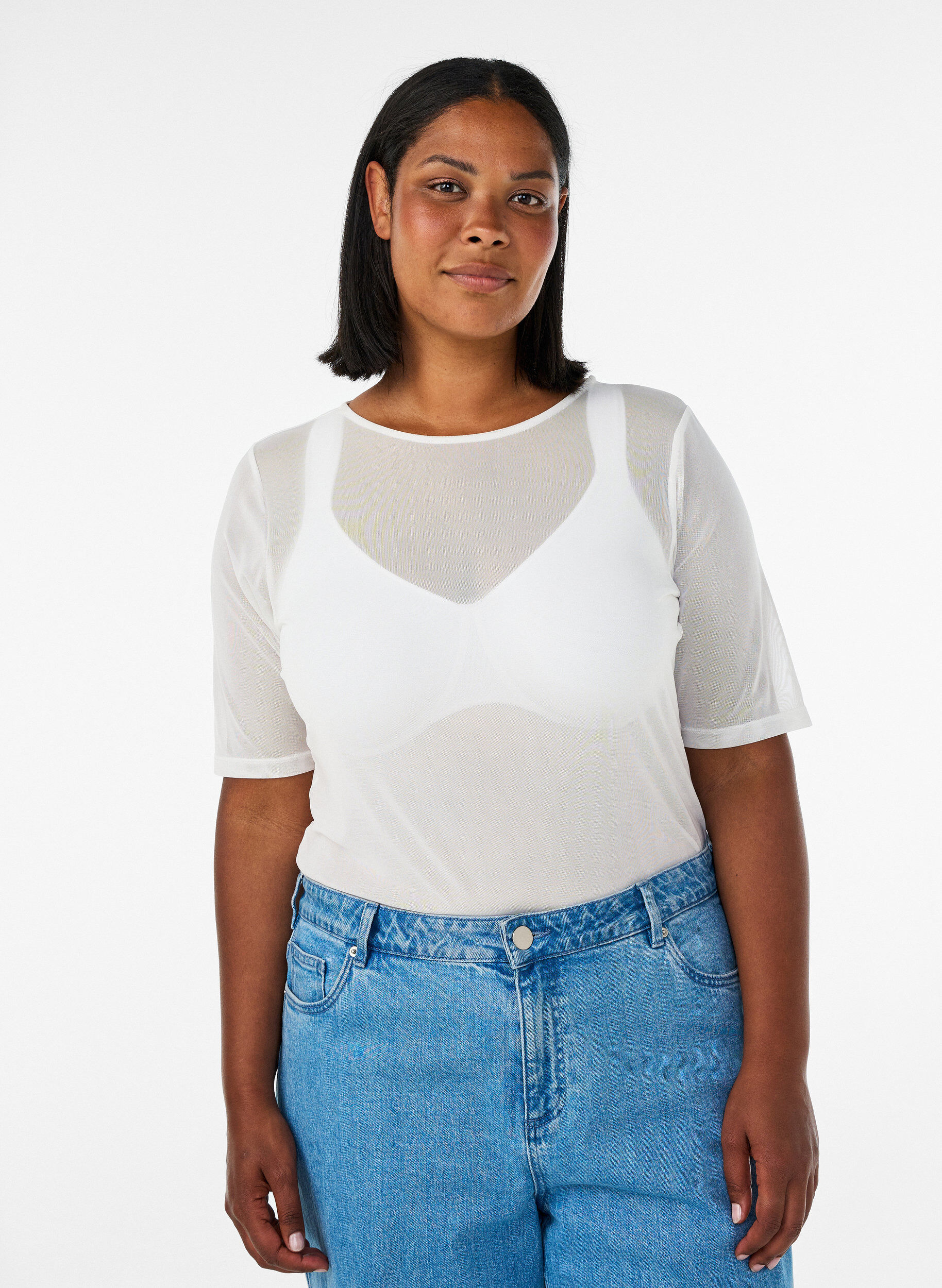 ZizzifashionMesh top with short sleeves and round neck, Vanilla, Model image number 0