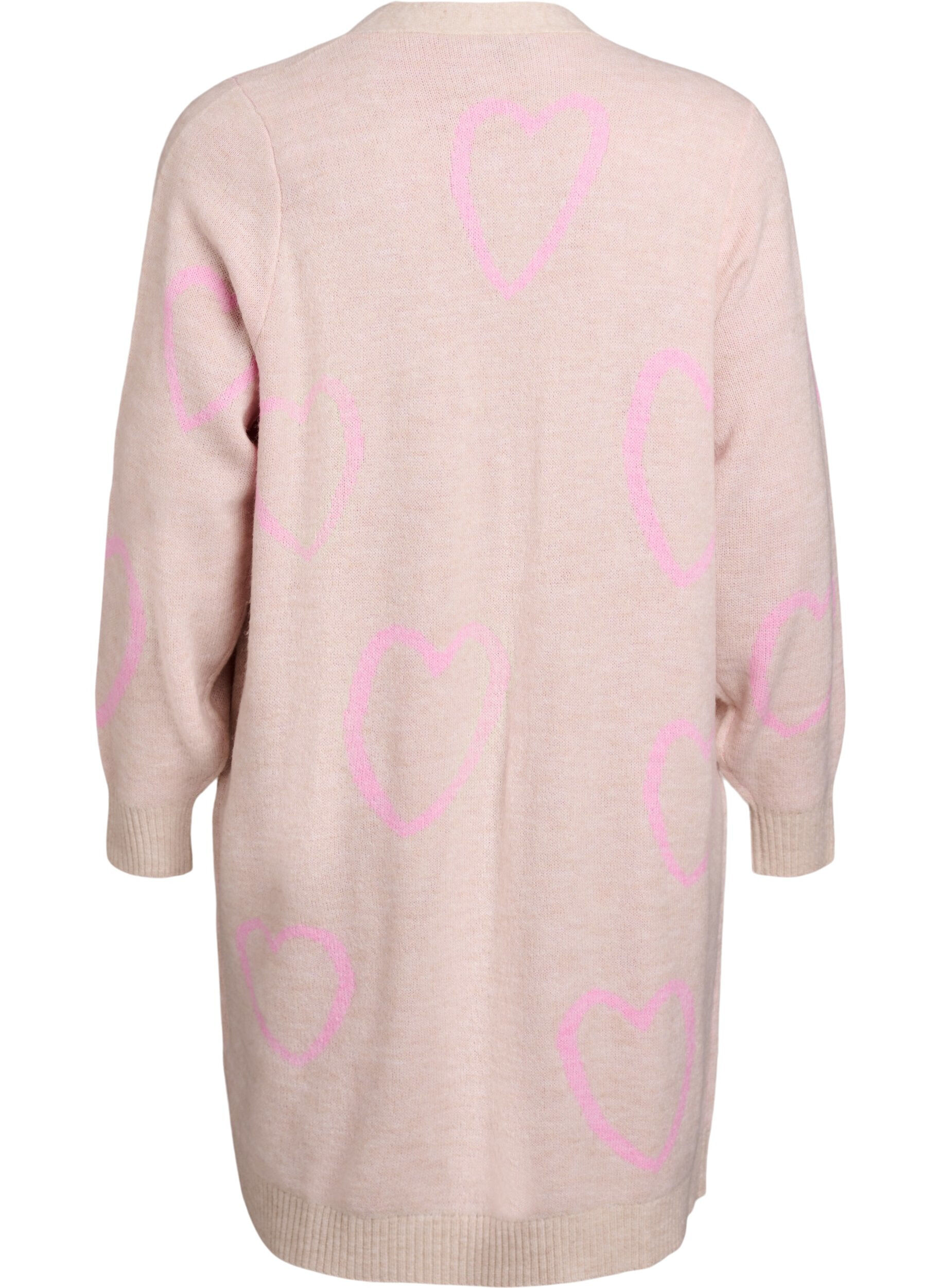Zizzifashion Long cardigan with tone-on-tone hearts, Beige, Packshot image number 1