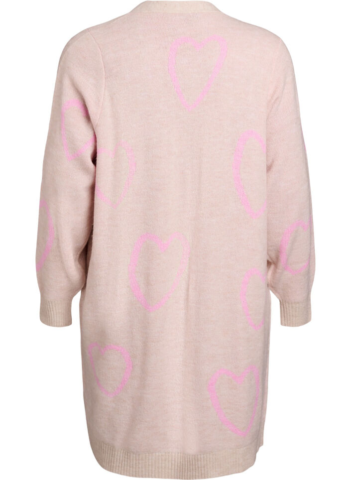 Long cardigan with tone-on-tone hearts, Beige, Packshot image number 1