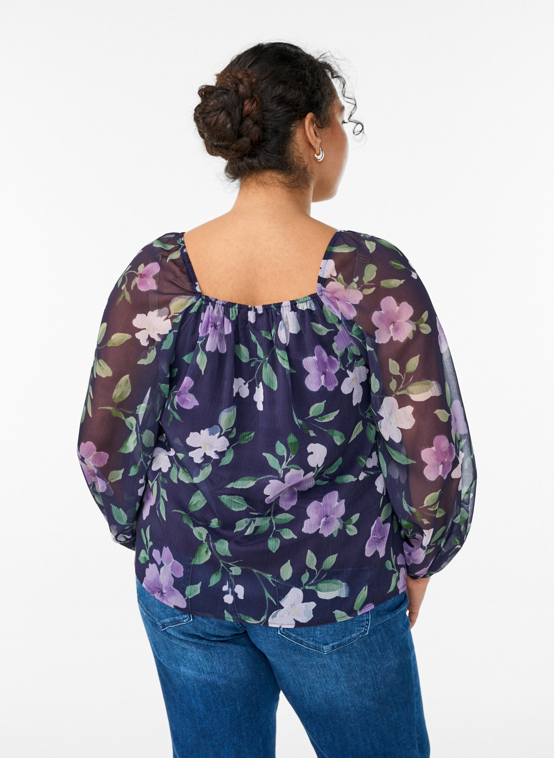 ZizzifashionChiffon blouse with floral print and long sleeves, Blue, Model image number 2