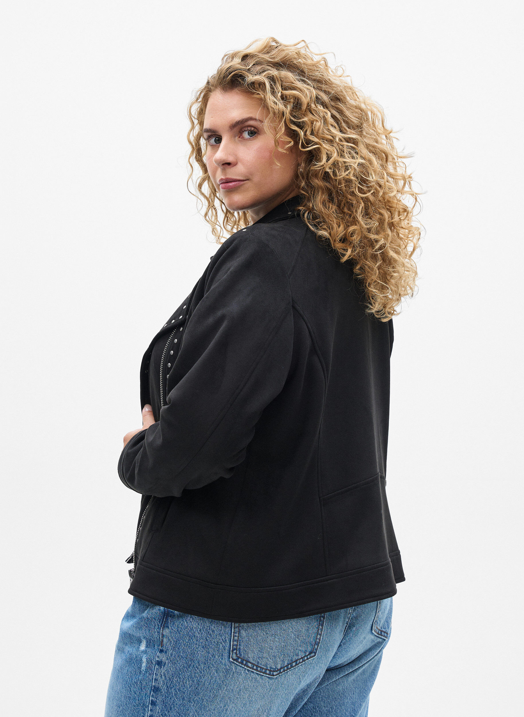 Zizzifashion Faux suede biker jacket with studs, Black, Model image number 2