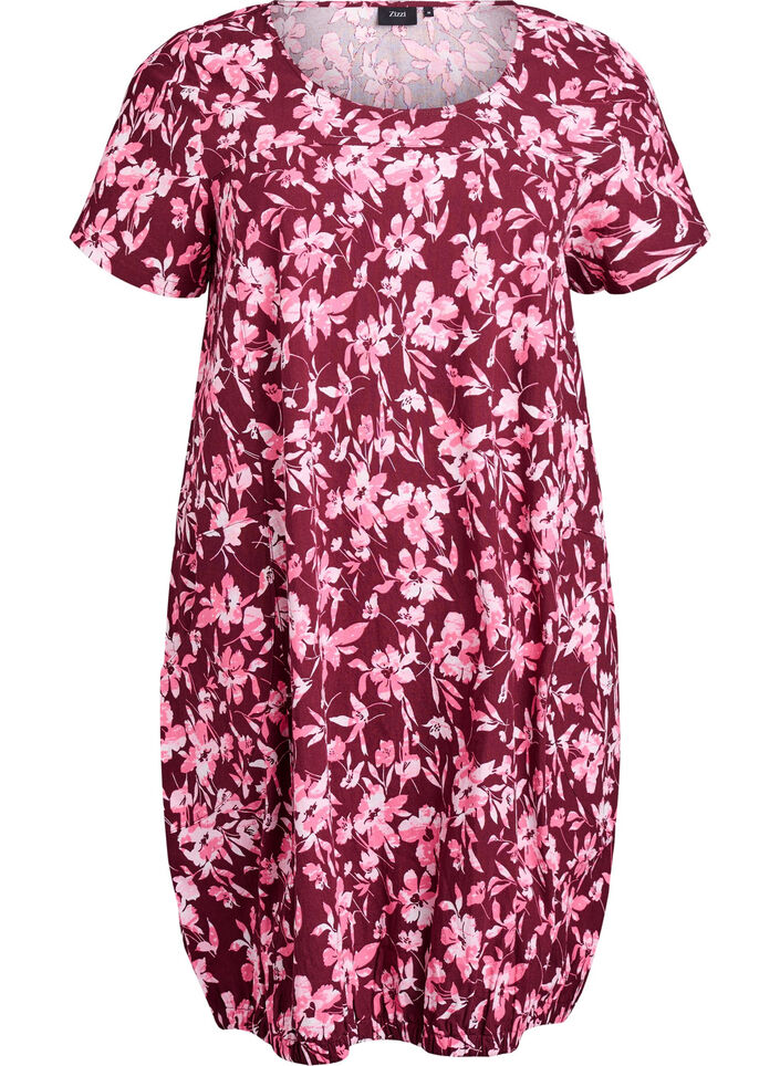Short-sleeved cotton dress with print, Dark Bordeaux, Packshot image number 0