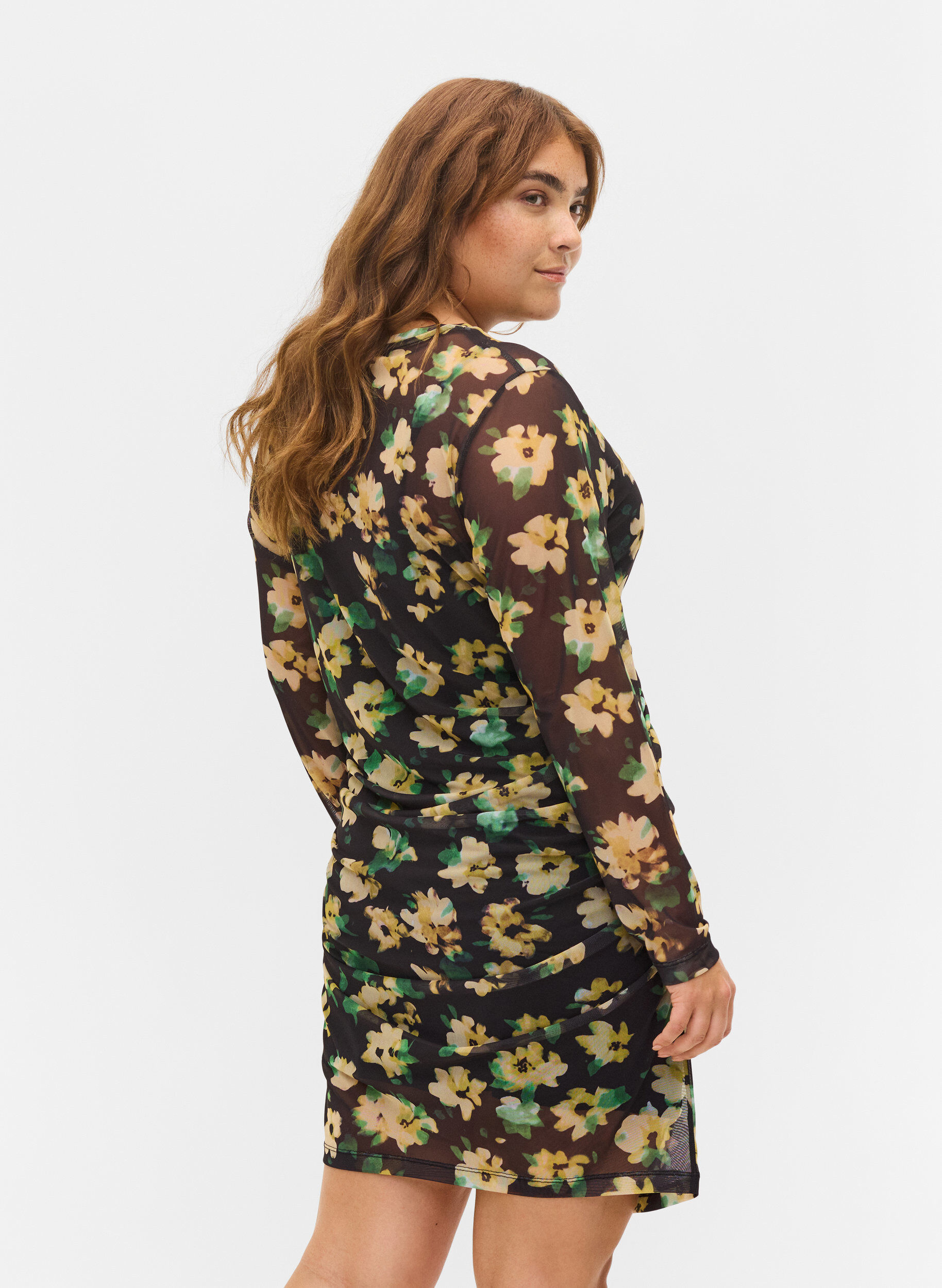 Zizzifashion Close-fitting mesh dress with 3/4 sleeves, Yellow Green AOP, Model image number 1