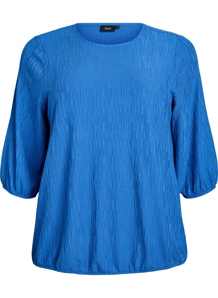 Blouse with texture and 3/4 sleeves, Blue, Packshot image number 0