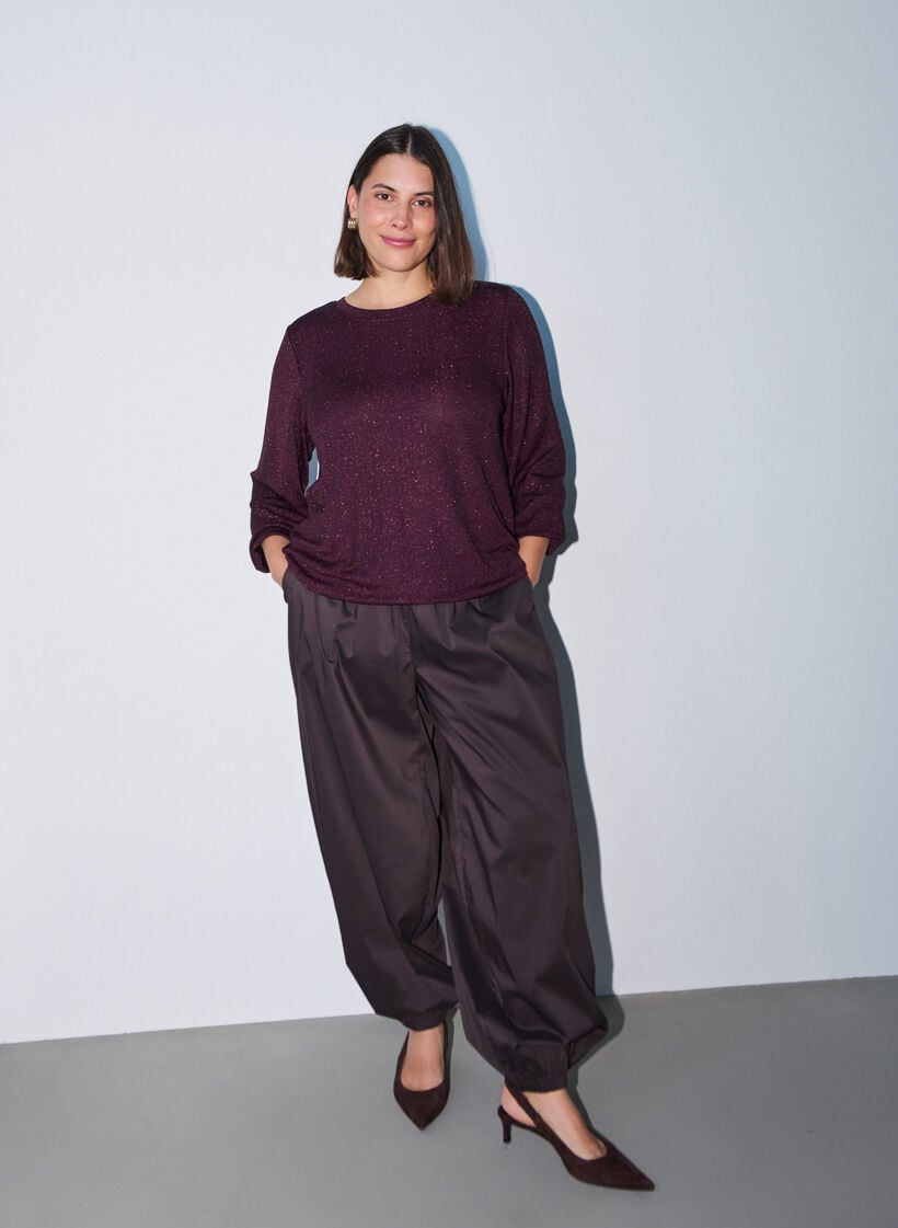 Blouse with vertical texture and glitter thread, Red, Model image number 1