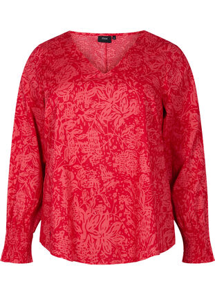 V-neck blouse with smock, Ribbon Red AOP, Packshot image number 0