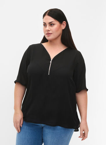 V-neck blouse with zipper, Black, Model image number 0