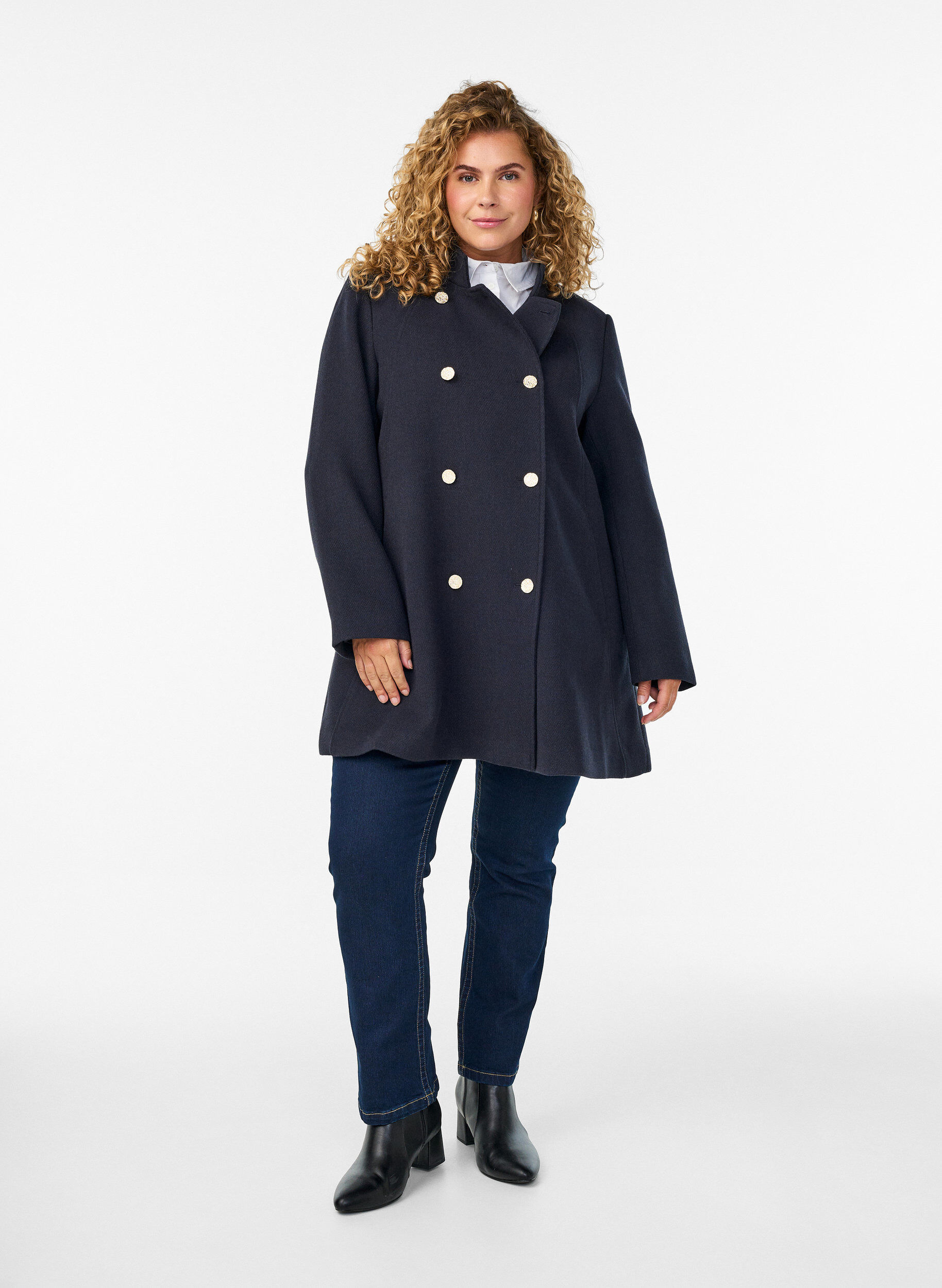 ZizzifashionA-line coat with gold buttons, Blue, Model image number 1
