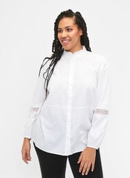 Shirt blouse with ruffle collar and crochet band, Bright White, Model