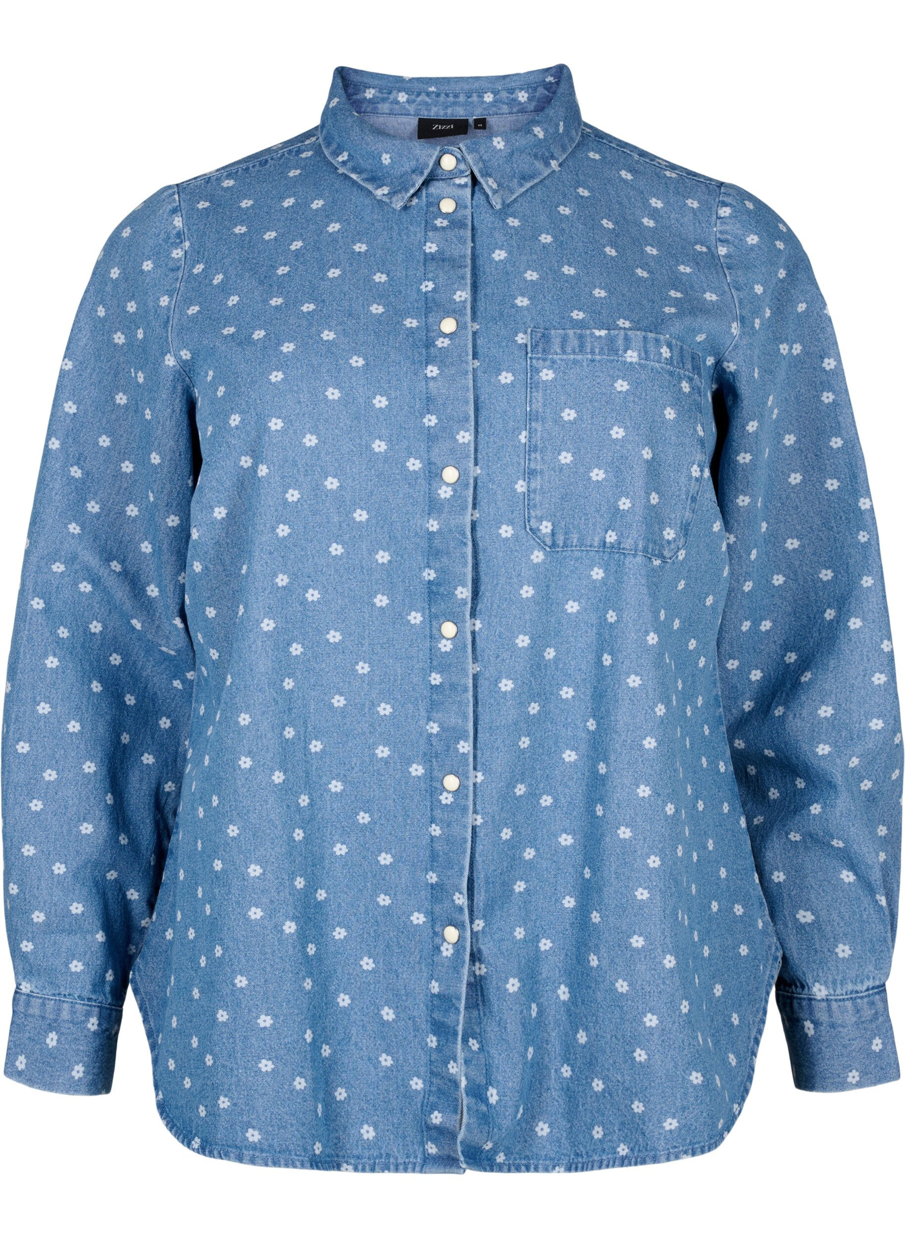 Zizzifashion Floral denim shirt with chest pocket, Light Blue w.Flowers, Packshot image number 0