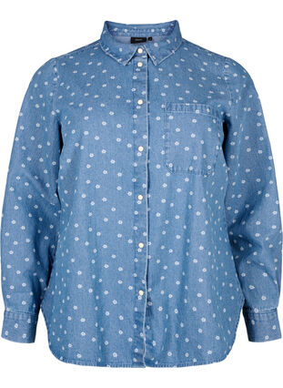 Floral denim shirt with chest pocket, Light Blue w.Flowers, Packshot image number 0