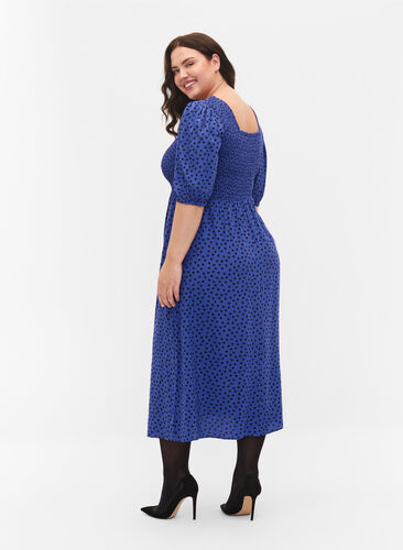 Polka dotted viscose dress with smock, R.Blue w. Black Dot, Model image number 1
