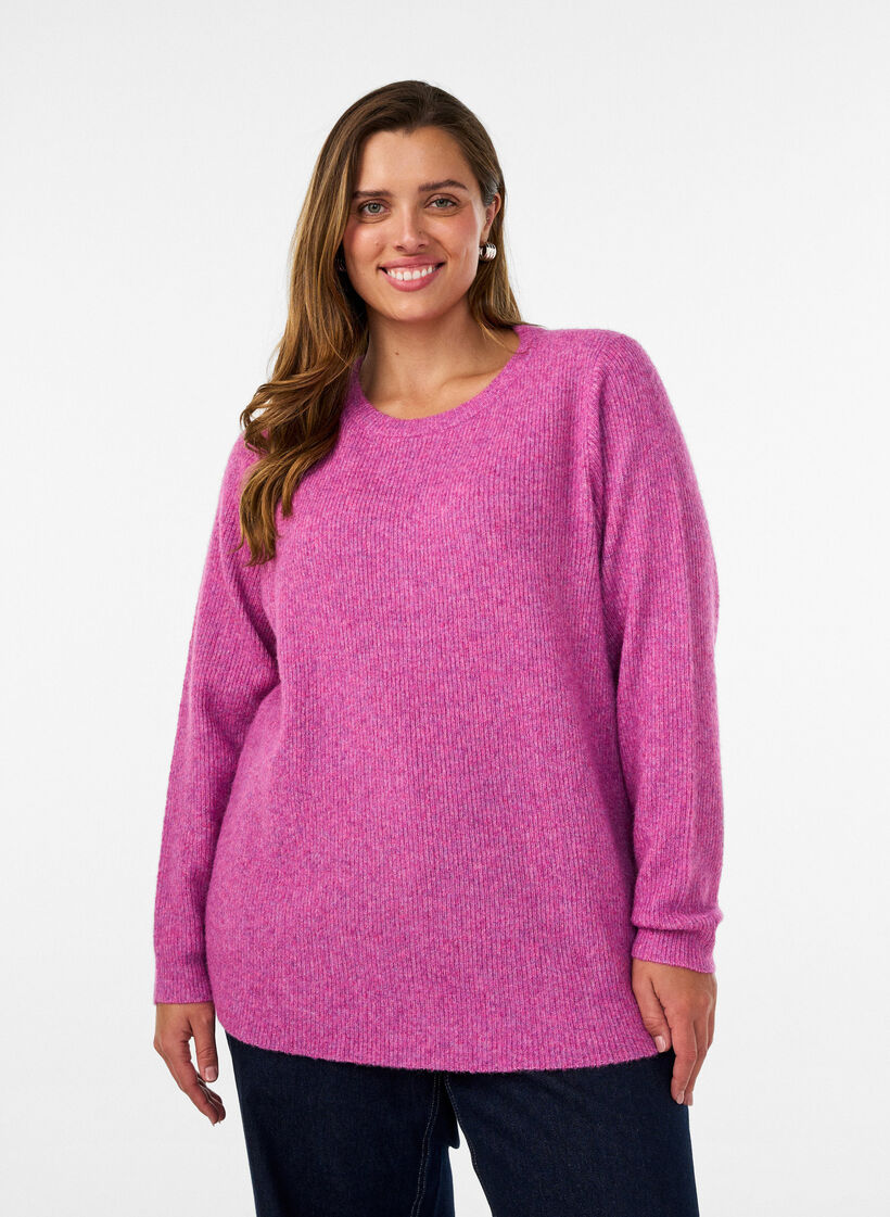 Melange knit blouse with round neck, Purple, Model image number 0