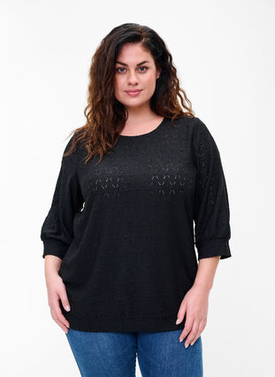 Blouse with 3/4-sleeves and a structured pattern, Black, Model image number 0