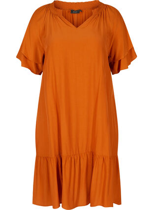 Short-sleeved dress with A-line cut and pockets, Autumnal, Packshot image number 0