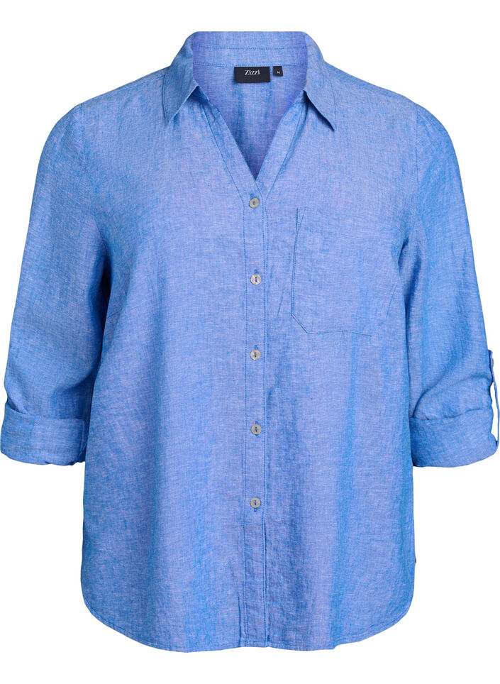 Shirt in linen and viscose with 3/4 sleeves, Blue, Packshot image number 0