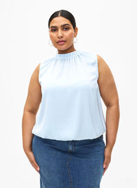Sleeveless party top in satin, Delicate Blue, Model