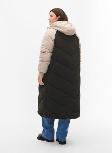Long colorblock winter jacket with hood, Black Comb, Model image number 1