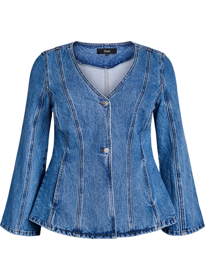 Denim jacket with shaping seams and a V-neck, Blue, Packshot image number 0