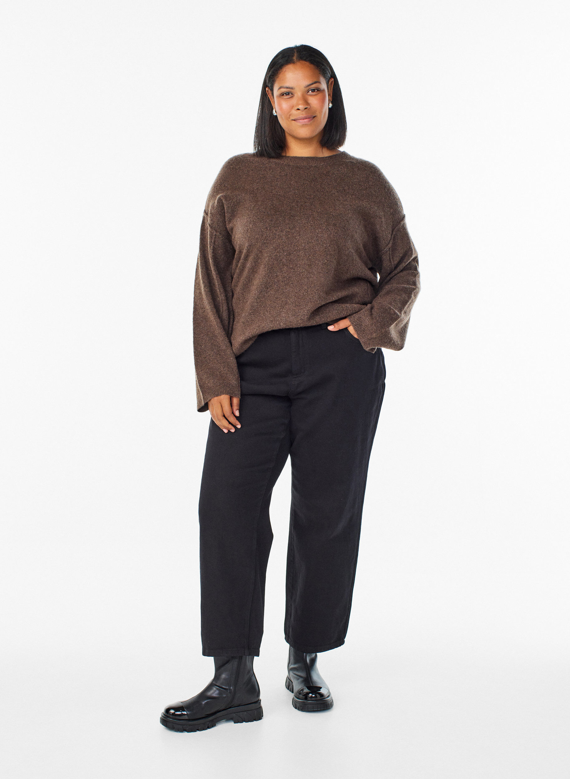 ZizzifashionLoose knit sweater with prominent seams, Brown, Model image number 1